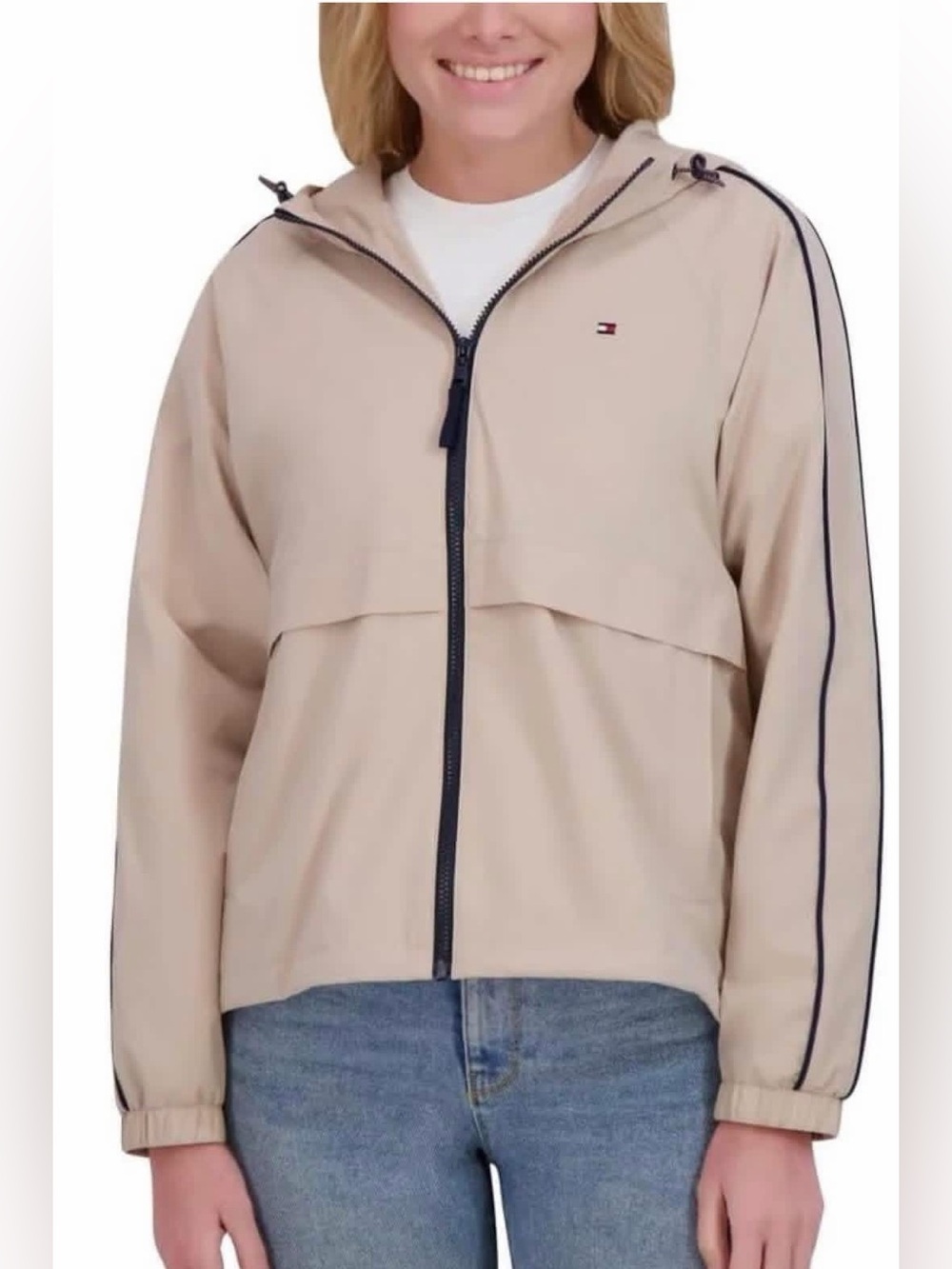 Tommy Hilfiger Beige Hooded Windbreaker Jacket with Navy Piping